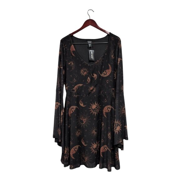 Cosmic Aura Women's Skull Celestial Mesh Bell-Sleeve Dress  Black Tan Sz 2X NWT - Picture 1 of 16